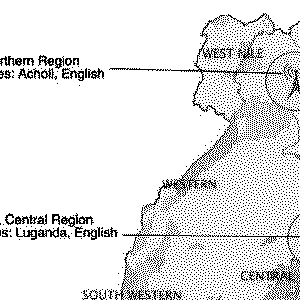 Map of part of Uganda showing radio stations and associated languages.